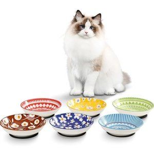 5.75" - Small Ceramic Bowls - Cat Feeding Bowls w/ Non-slip Mats (Set of 6)